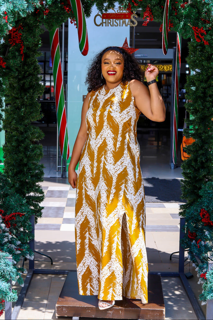 Mustard White Aline Maxi Dress with Slit – Sarai Afrique Mustard White Aline Maxi Dress with Slit – Sarai Afrique