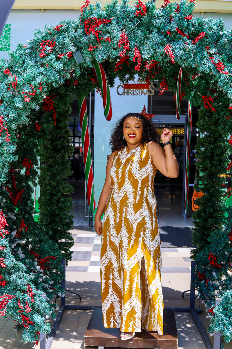 Mustard White Aline Maxi Dress with Slit