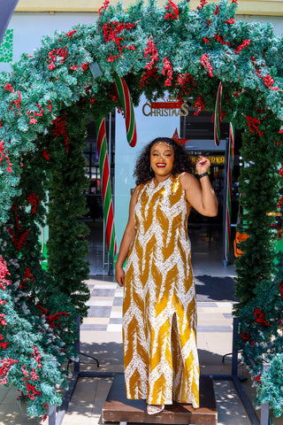 Mustard White Aline Maxi Dress with Slit