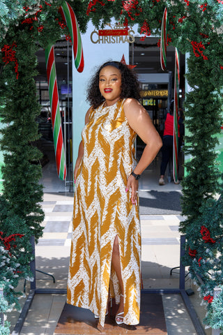 Mustard White Aline Maxi Dress with Slit