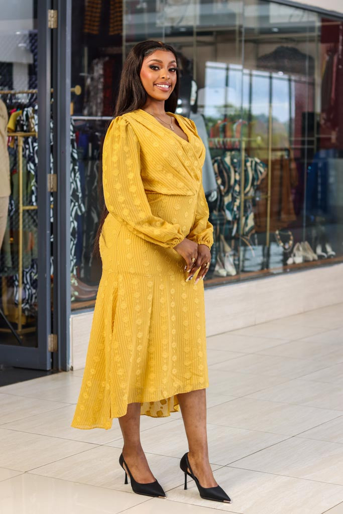 Mustard Longsleeved Highlow Chiffon Dress - Sarai Afrique