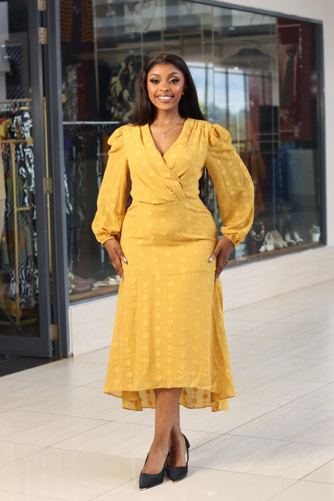 Mustard Longsleeved Highlow Chiffon Dress - Sarai Afrique