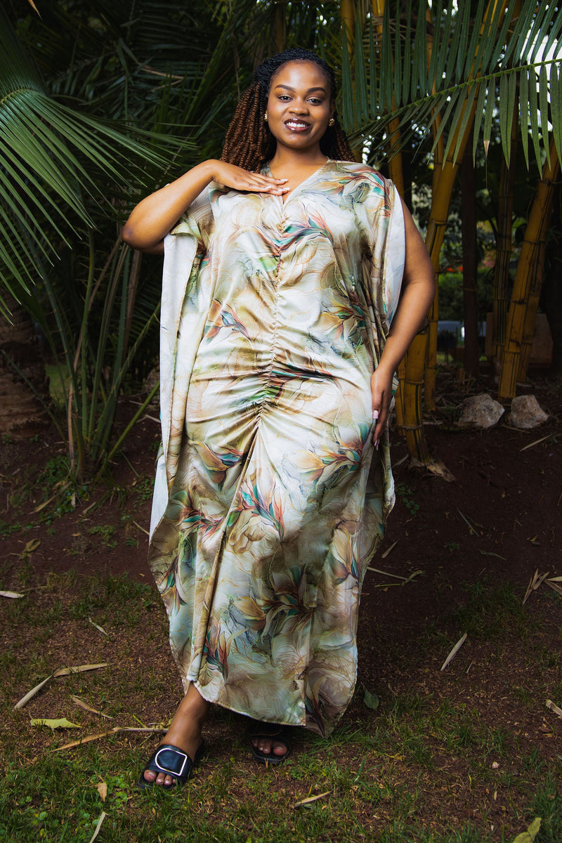 Beige floral Ruched Kaftan