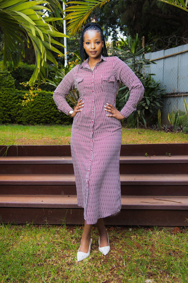 Burgundy white print maxi shirt dress