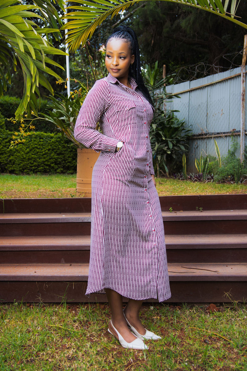 Burgundy white print maxi shirt dress