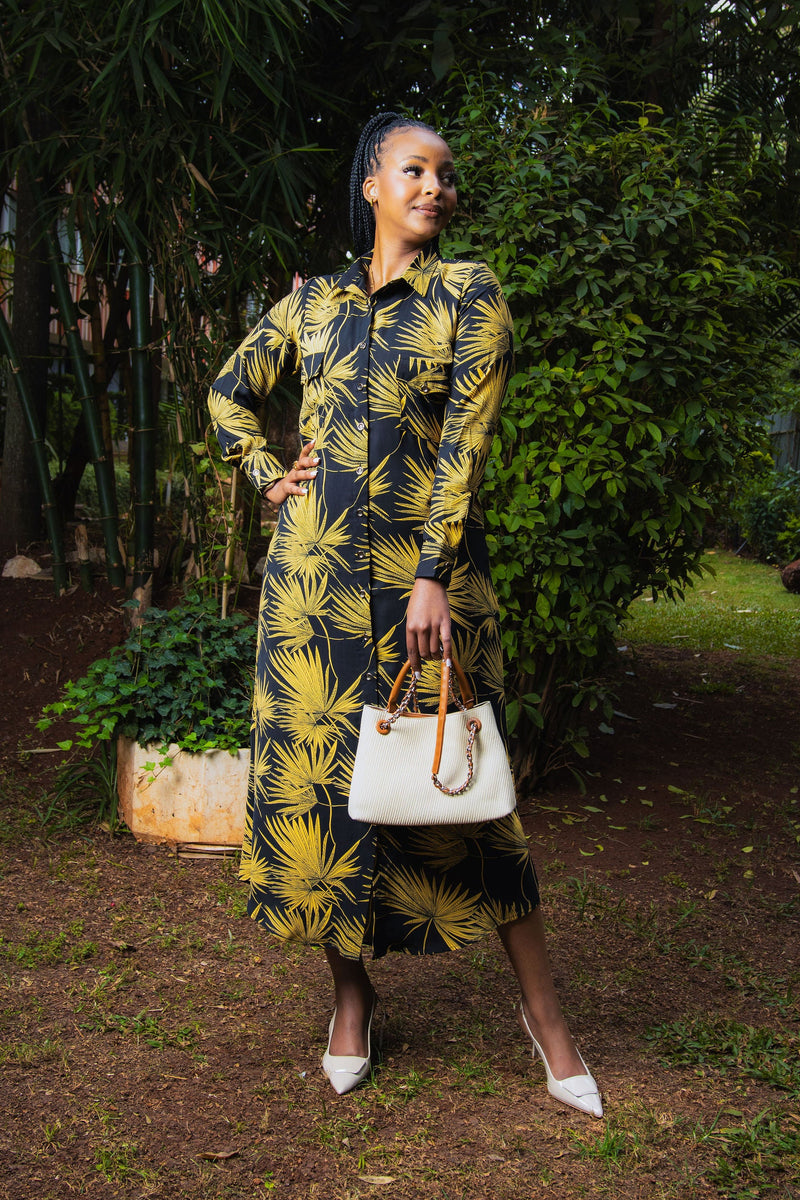 Black Yellow print maxi shirt dress