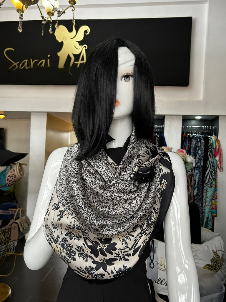 Black cream floral silk scarf