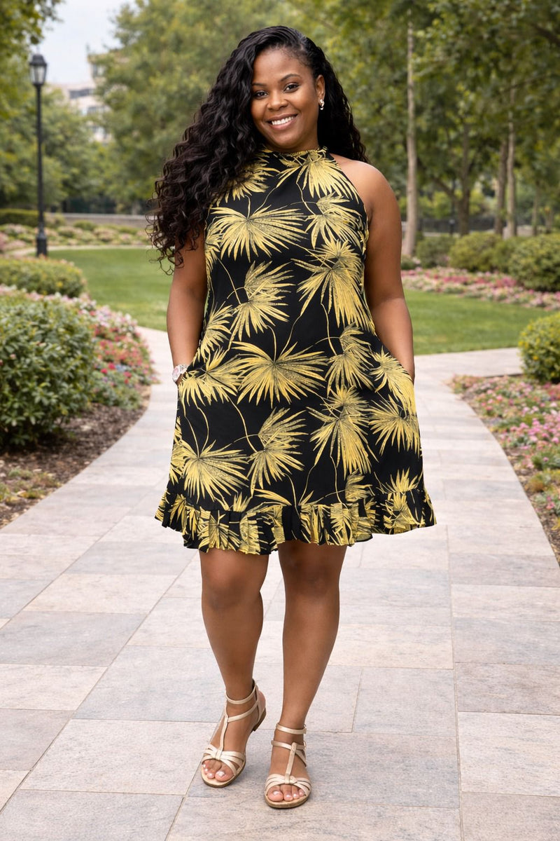 Black & Yellow Halter Neck Dress