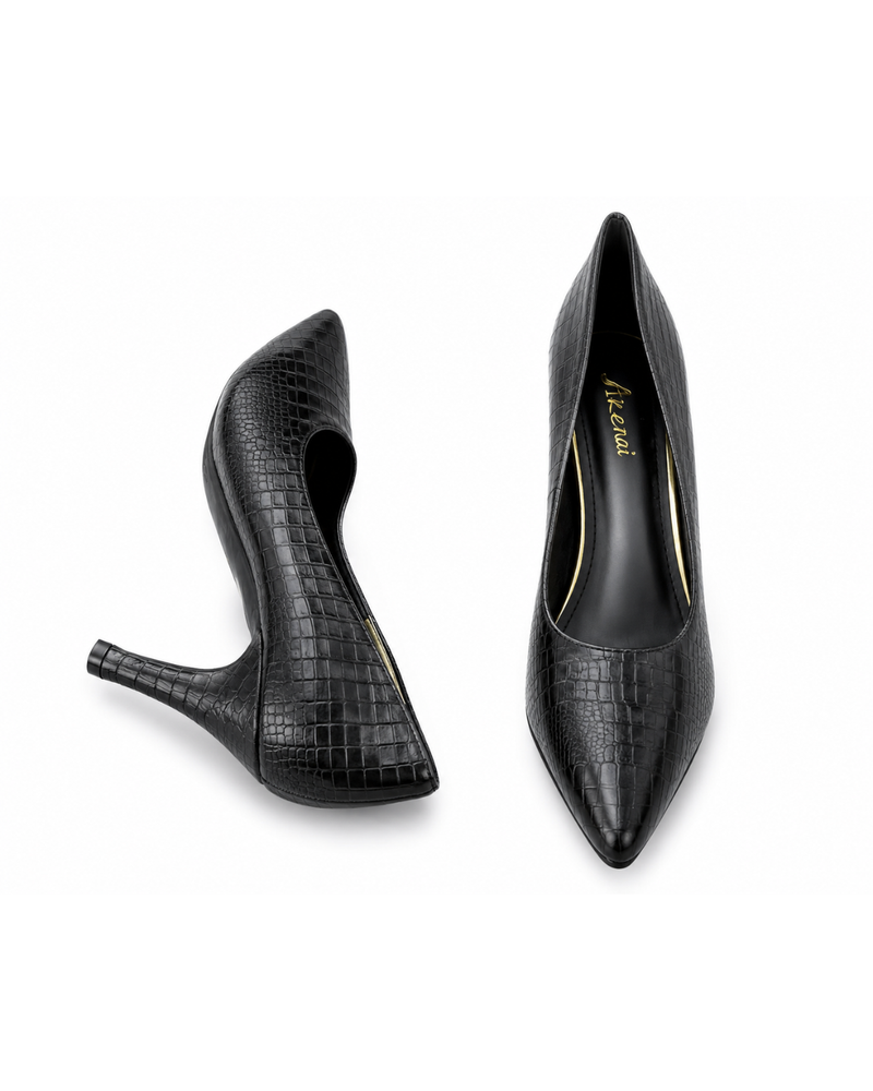 Black Mock Croc Pointed Heels - Sarai Afrique