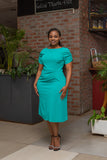 Green shoulder ruched elegant dress