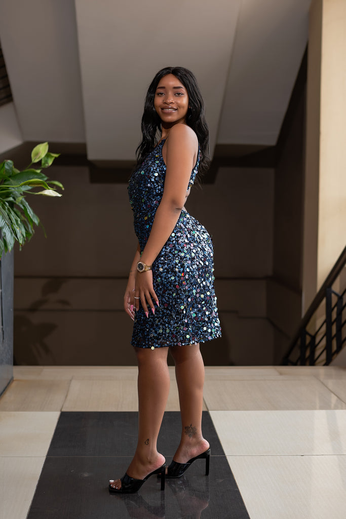 Navy sequence bare back dress – Sarai Afrique